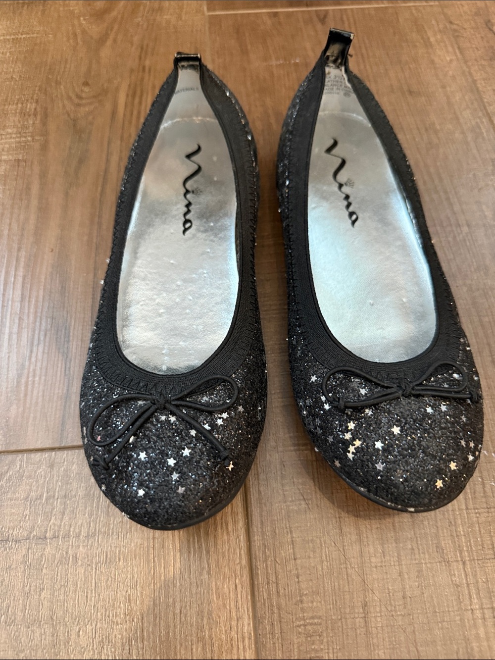 Nina Black Glitter Ballet Flats with Star Accents